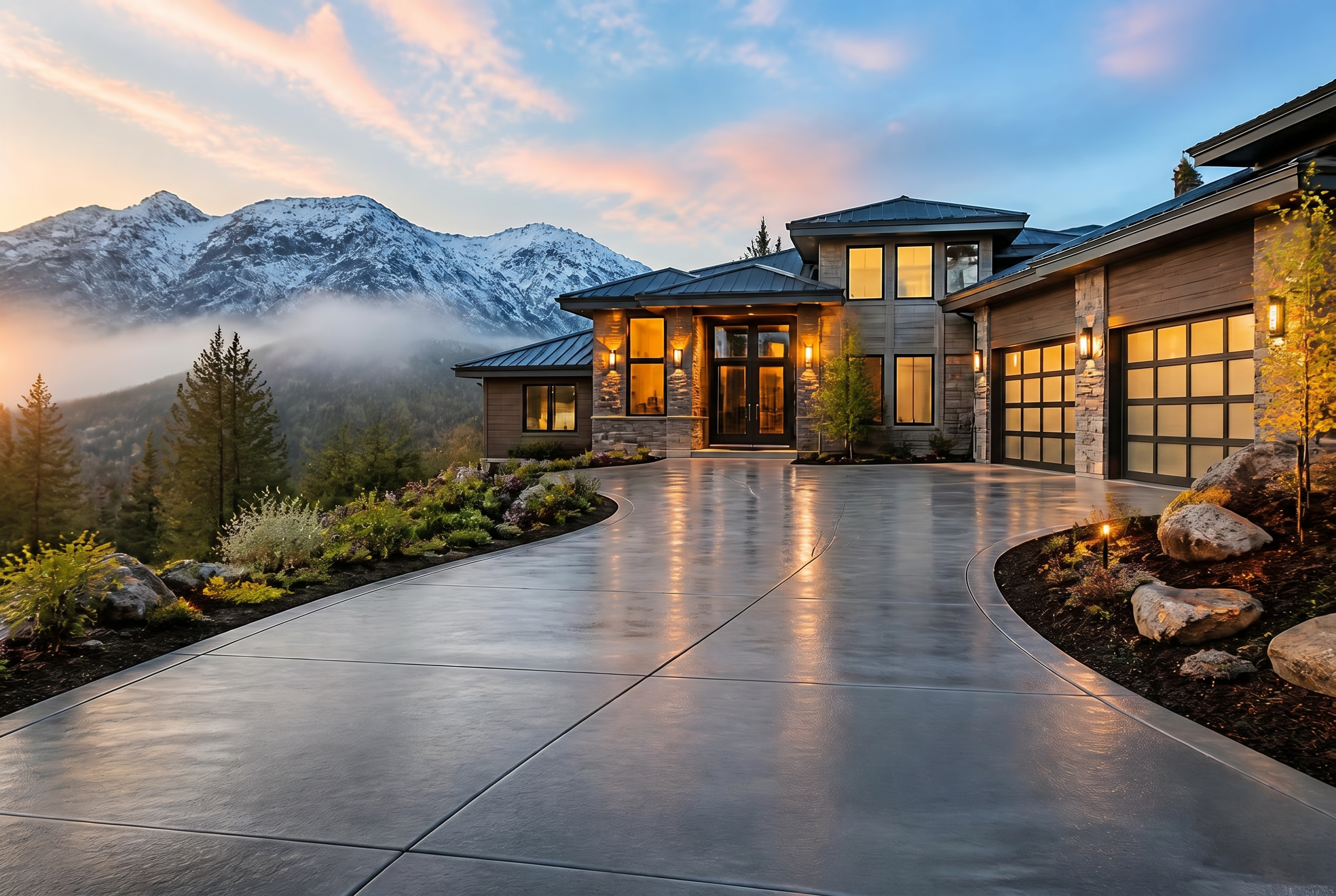 Luxury Utah mountain home with freshly cleaned concrete driveway